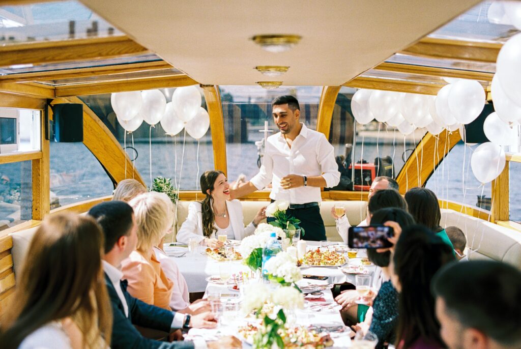 Wedding party enjoying brunch on a private yacht in the Caribbean 